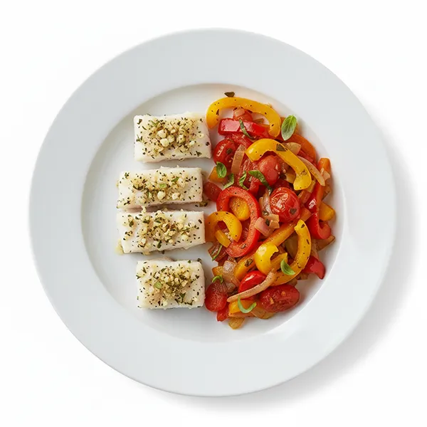 Baked Fish With Garlic Basil  And Vegetable Peperade